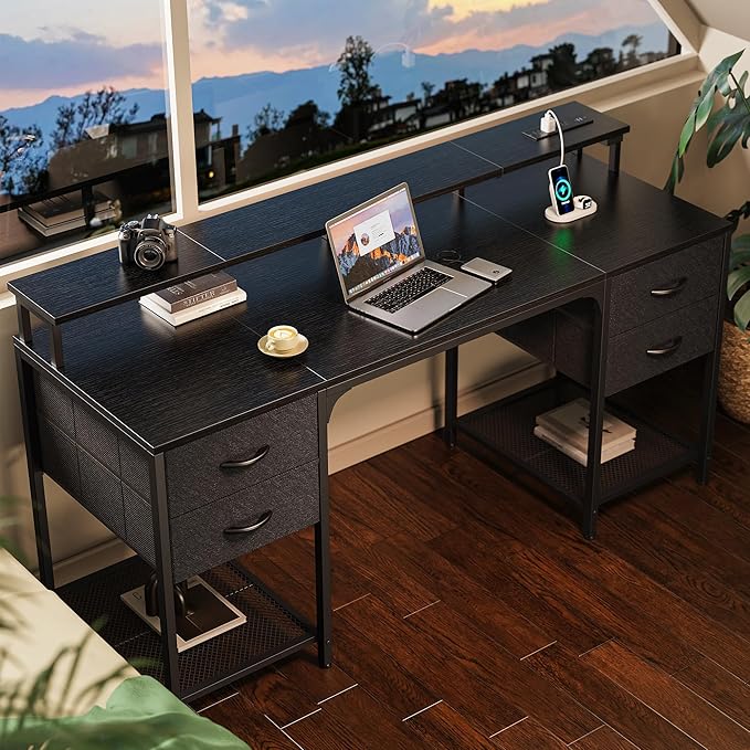 Huuger 63 inch Computer Desk with 4 Drawers, Gaming Desk with LED Lights & Power Outlets, Home Office Desk with Large Storage Space for Bedroom, Work from Home, Black