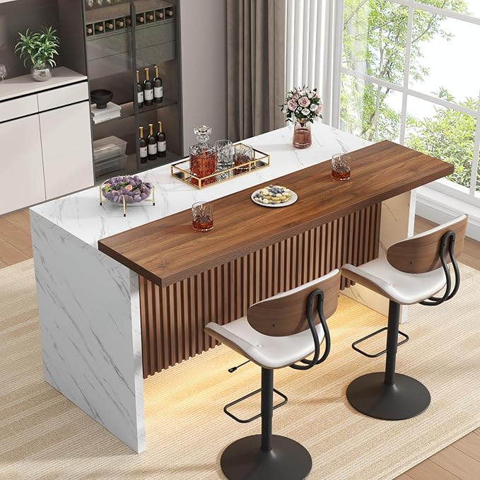 63" Large Imitation Marble Bar Table,Island Table with LED Lights,Mordern Marble Stripes Dining Table with Grille Design for Home Kitchen, Living Room, Balcony, Basement(White)