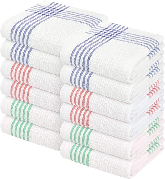 Waffle White & Multi Colors Kitchen Towels Set of 12, 100% Cotton, 16x26 inches, Durable Dish Towel, Quick Dry Dishcloths, Ideal for Drying, Wiping - Indigo Blue, Red, Dark Green
