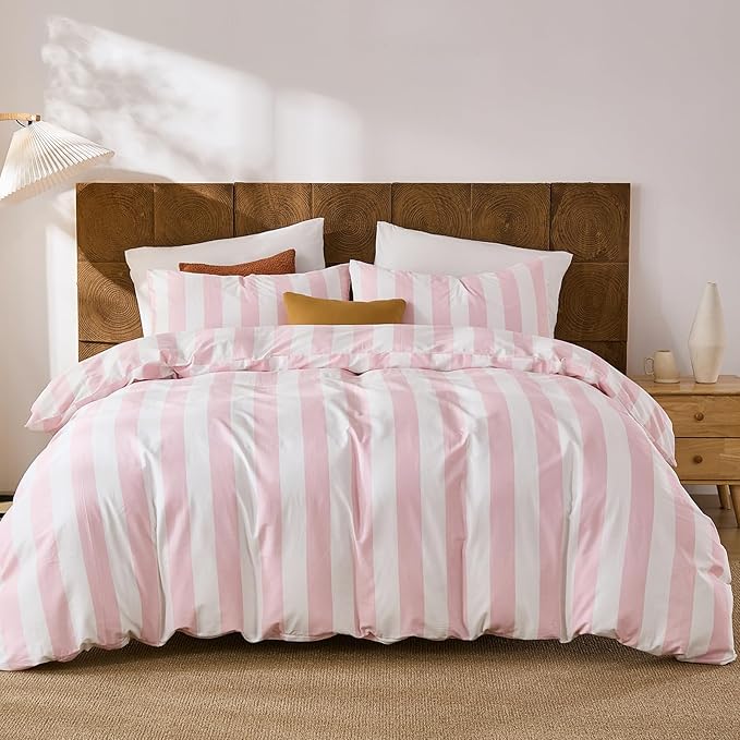 Merryword Pink and White Striped Duvet Cover Set King Size, 100% Cotton Bedding Set with Zipper Closure & 8 Corner Ties, Luxury Linen Like Bedding, Soft Breathable Comforter Cover for All Seasons
