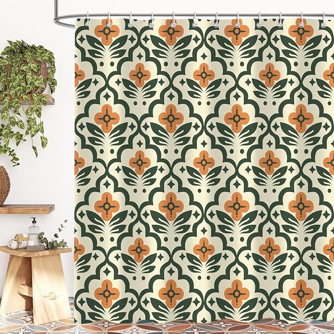 Vintage Boho Floral Shower Curtain，Mid Century Modern Abstract Orange Green Bathroom Curtain，Polyester Fabric Waterproof Bath Curtains 72x84 Inch with 12 Hooks