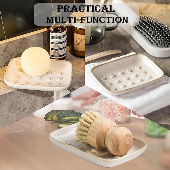 Soap Dish for Shower, Ceramic Soap Dish Non-Slip Soap Holder Bar Saver Tray for Bathroom Kitchen Sink, Floating Point Design Save Soap Loss (Pack of 2)