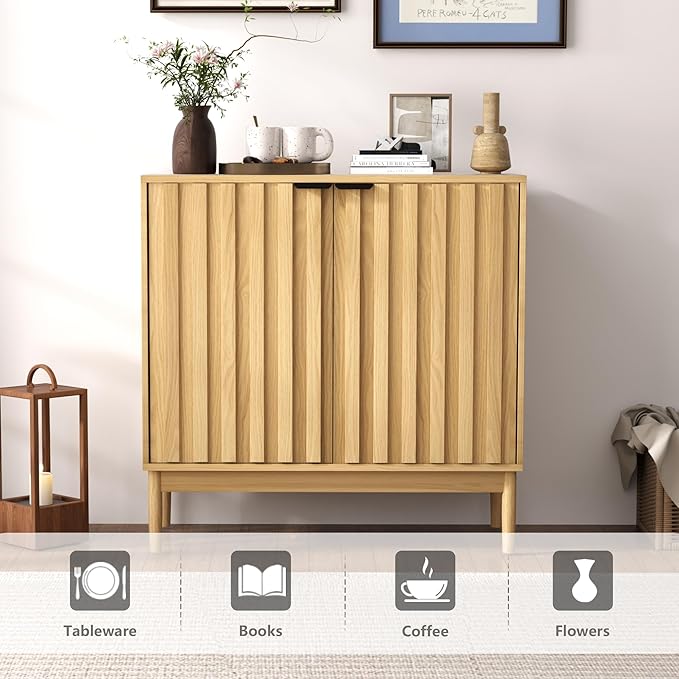 Fluted Cabinet with Storage, Buffet Cabinet Sideboard with Door, Kitchen Buffet Storage Accent Cabinets with Adjustable Shelves for Living Room, Entry, Hallway, Natural