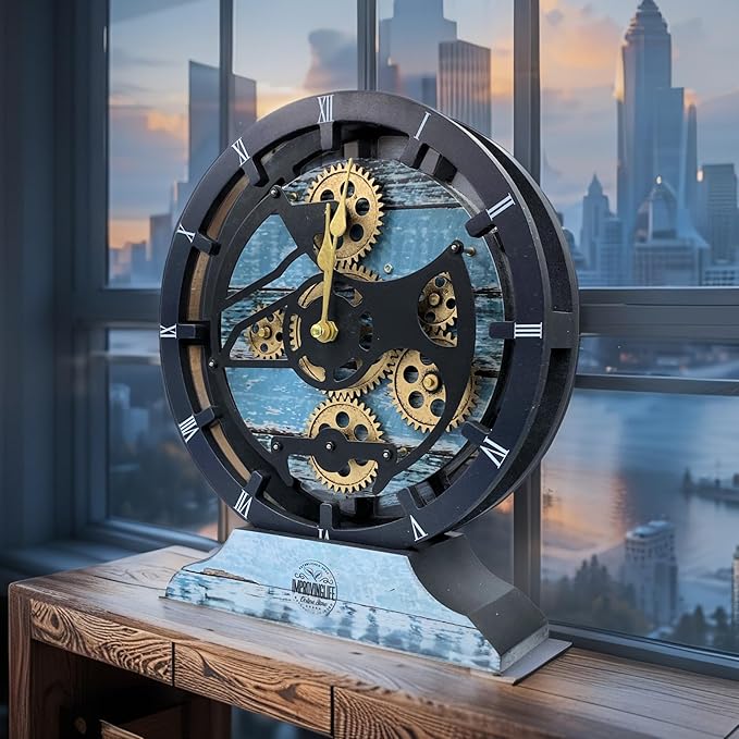 ImprovingLife The Gears Clock Desk Clock 10 inches with Real Moving Gears Convertible into Wall Clock (Aqua Green)