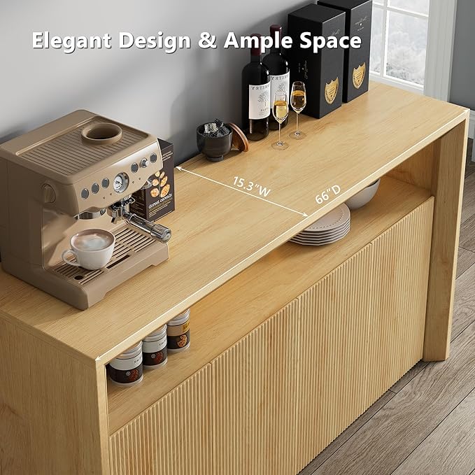 66.2" Buffet Cabinet with Storage and led Lights,Modern Sideboard Cabinet with 4 Doors & Shelves,Fluted Media Console Mid Century Coffee Bar Table for Living Room Kitchen Dining Room,Oak