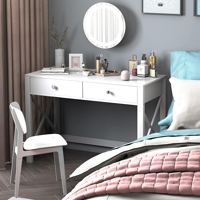 WiberWi Home Office Desk with Drawers, Modern Writing Computer Desk for Bedroom, Small Makeup Vanity Table Study Table for Home Office,White