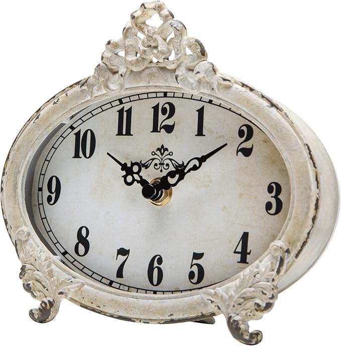 NIKKY HOME Vintage White Desk Clock, Rustic Home Decor | Rustic distressed white clock with classic design. Silent operation for mantels, desks, shelves, and farmhouse interiors.