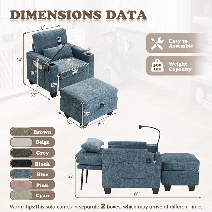 Small Chaise Lounge Chair Indoor with Ottoman&Adjustable Backrest,Chenille Tufted Recliner Comfy Sofa Chair with USB,Phone Holder&Storage Arms,Convertible Sleeper Couch Bed for Living Room(37"W,Blue)