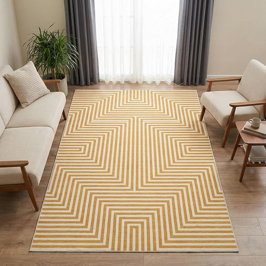Washable Modern Lines Rug 9x12 Area Rug for Living Room Neutral Modern Geometric Rugs Low Pile Soft Bedroom Carpet Thin Foldable Abstract Floor Carpet for Dining Kids Room Playroom, Orange Yellow