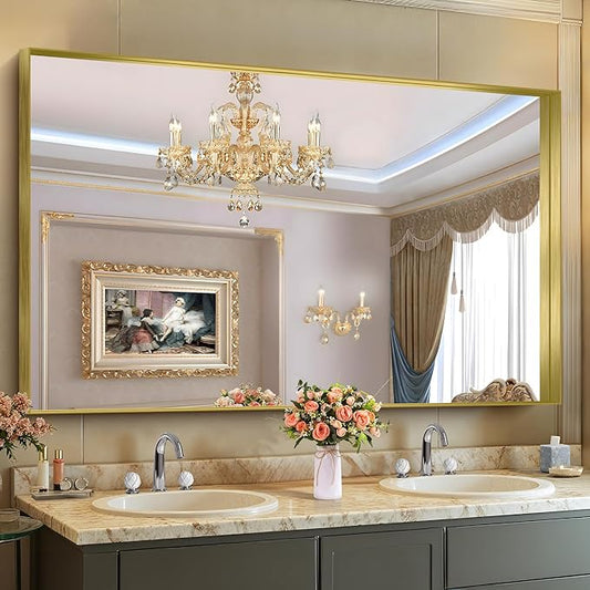 CIRCUMI Gold Bathroom Mirror, 36"x60" Rectangular Mirror with Deep Metal Frame, Brushed Finish, Tempered Glass, Large Mirror for Wall, Over 2 Sinks, Installed Vertically/Horizontally, Crystal-Clear