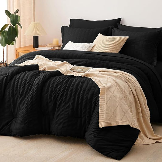 CozyLux Full Size Comforter Sets Black, 7 Pieces Seersucker Textured Luxury Bed in a Bag, All Seasons Soft Bedding Sets with Down Alternative Comforter, Sheets, Pillowcases & Shams, Home Gift