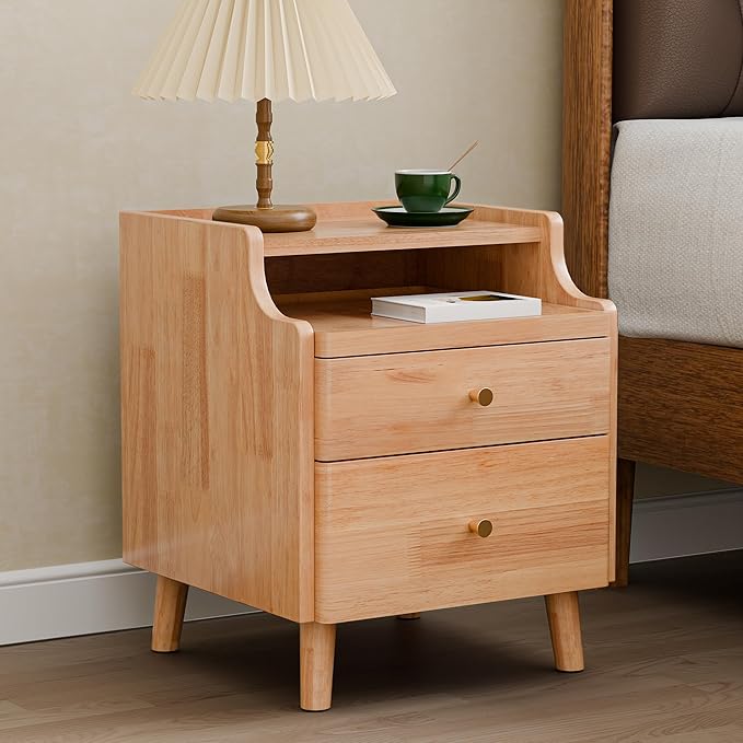Nightstand with Drawers, Pre-Assembled, 19.7" H Natural Solid Wood Night Stand with Open Sliding Shelf, Mid Century Modern Small Bedside Table Cabinet for Bedroom, End Side Table, Natural Oak