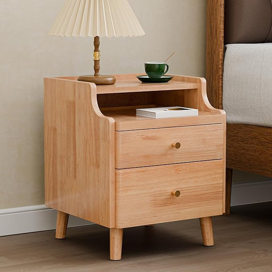 Nightstand with Drawers, Pre-Assembled, 19.7" H Natural Solid Wood Night Stand with Open Sliding Shelf, Mid Century Modern Small Bedside Table Cabinet for Bedroom, End Side Table, Natural Oak