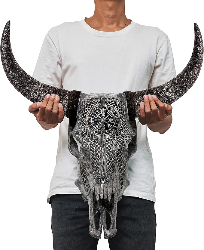Skull Bliss - Hand-Carved Real Authentic Taxidermy Cow Skull/Bull Skull Wall Decor with Horns/Norse Viking Gift for Men/Real Animal Cow Skull Wall Decor (Standard Horns)