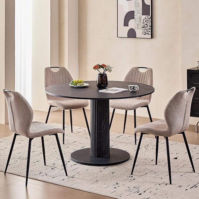 47" Round Dining Table for 4, [Cylinder Pedestal Base] [Stone-Patterned] Modern Circle Dinner Table for Kitchen Dining Living Room, Black Marble Patterned
