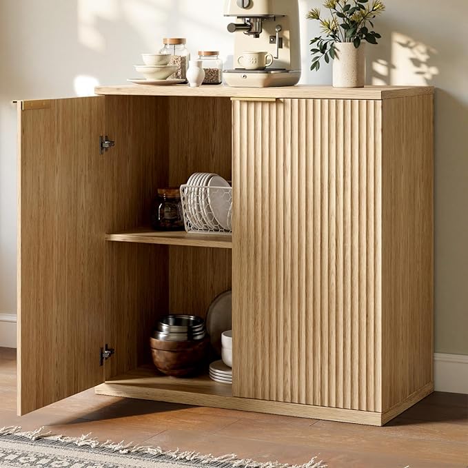 Evermagin 126" Oak Buffet Cabinet with Storage, Large Sideboard Cabinet, Boho Fluted Accent Credenza for Dining Room, Kitchen, and Living Room