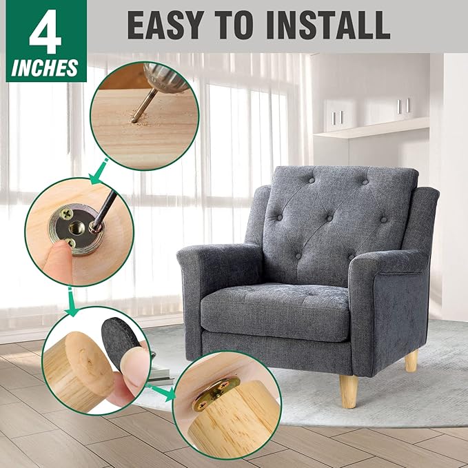 FoDau770 Rubber Wood Furniture Legs 4 Inches, Straight Tapered Wood Feet Mid Century Sofa Legs Set of 8, 5/16" UNC Furniture Feet Replacement Parts for Cabinet Couch Dresser Chair Ottoman Table