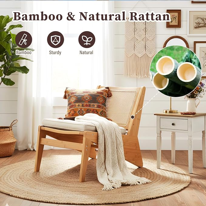 Furlide Rattan Chair 2Pcs, Mid Century Modern Accent Chair, Leisurely Reading Chair for Living Room（Wood）