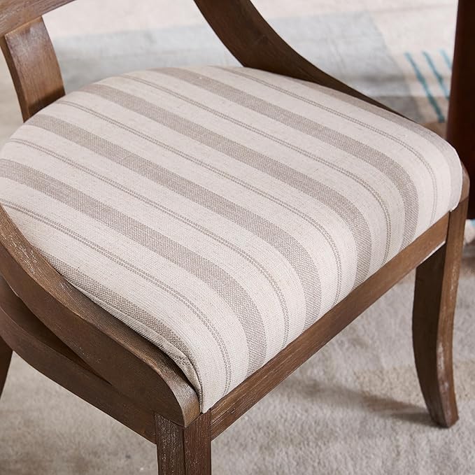 Modern Farmhouse Dining Chairs Set of 4 Mid Century Upholstered Dining Chair with Wooden Curved Back Kitchen Chairs for Dining Room Restaurant Cafe, Brown Walnut Colored-Linen Khaki Stripe