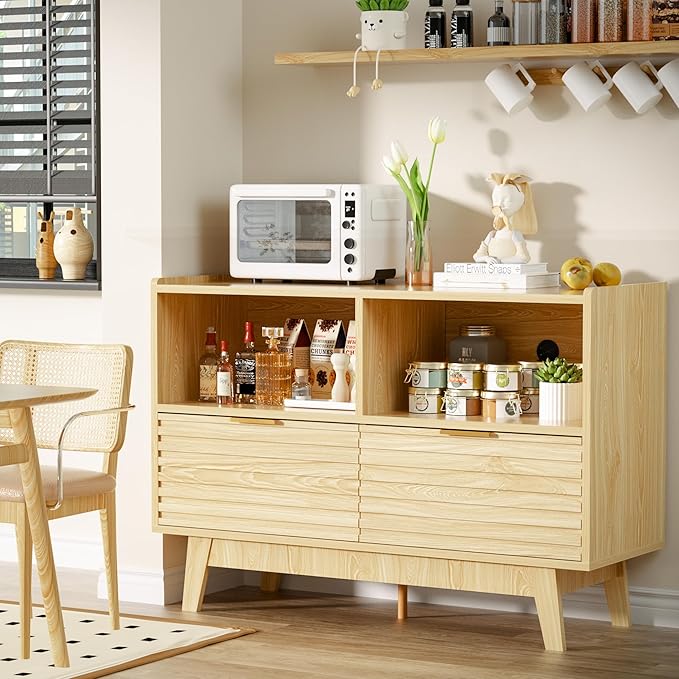 Fluted Buffet Sideboard Oak, Modern Storage Cabinet w/Cord Cutout, Accent Cabinet with Solid Wood Legs, Console Table w/Swing Doors & Open Shelves, Credenza for Living Room, Hallway, Entryway