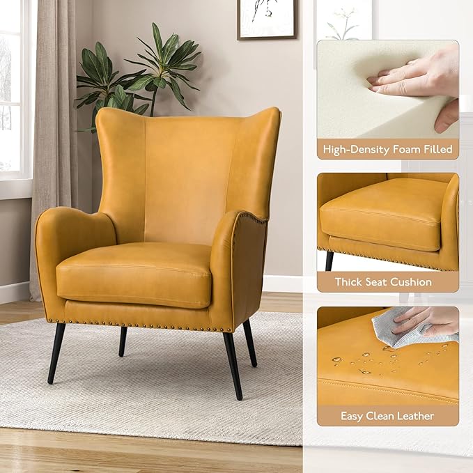 HULALA HOME Faux Leather Accent Chair with Removable Cushion, Comfy Upholstered Armchair with Black Metal Legs & Nailhead Trim Wingback Vanity Chair for Reading Living Room Bedroom, Yellow