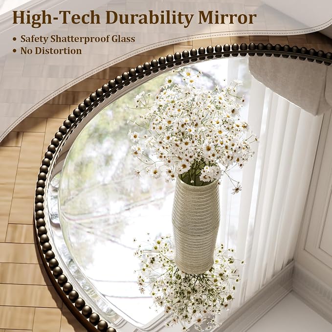28 Inch Round Bathroom Mirror - Luxurious Retro Beaded Circle Decorative Wall Mirror with PU Frame Hanging Leaning as Art Decor for Entryway, Bedroom, Living Room, Hallway, Bronze