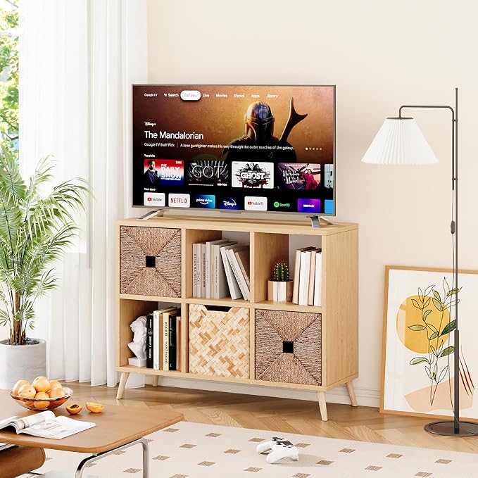 6 Cube Storage Organizer, Wood Bookcase with Legs, Modern Freestanding Cubby Shelving Unit, Book Shelf Toy Storage Cabinet for Bedroom, Living Room, Kids Room, Fits 11 Inch Bins, Natural