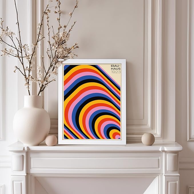Poster Master Bauhaus Poster - Psychedelic Stripes Print - Abstract Art - Geometric Art - Graphic Design Art - Chic Boho Art - Mid Century Modern Art - Living Room Wall Decor - 8x10 White Framed