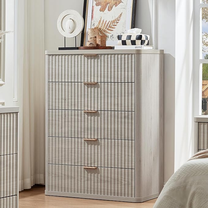 LEYAOYAO Fluted 5 Drawers Dresser Set of 2, 41" Tall Modern Chest of Drawers with Metal Handle, Curved Profile Dresser TV Stand, Wooden Drawer Organizer for Bedroom, Living Room, Hallway, Lightgrey