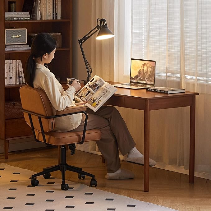 YESWOOD 100% Solid Wood Desk, Mid Century Modern Computer Desk, Home Office Writing Desk with Drawers for Study Living Room 47.24" W