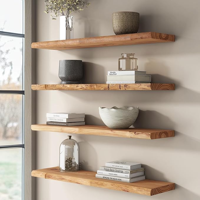 Reclaimed Elm Wood Floating Shelf for Wall, Live Edge 48"W x 9.2"D x 1.4"H, 1 Pack with Invisible Bracket, Large Wall Mounted Shelf for Living Room Bedroom Kitchen Bathroom Decor, Natural Finish