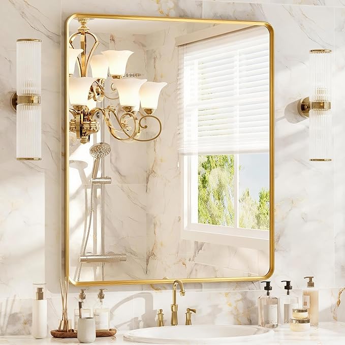 30x36 inch Gold Rectangle Bathroom Mirror, Brushed Gold Metal Framed, HD Tempered Glass, Anti-Rust Frame, Bathroom and Entryway Decor, Horizontal or Vertical Hanging