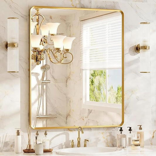 30x36 inch Gold Rectangle Bathroom Mirror, Brushed Gold Metal Framed, HD Tempered Glass, Anti-Rust Frame, Bathroom and Entryway Decor, Horizontal or Vertical Hanging