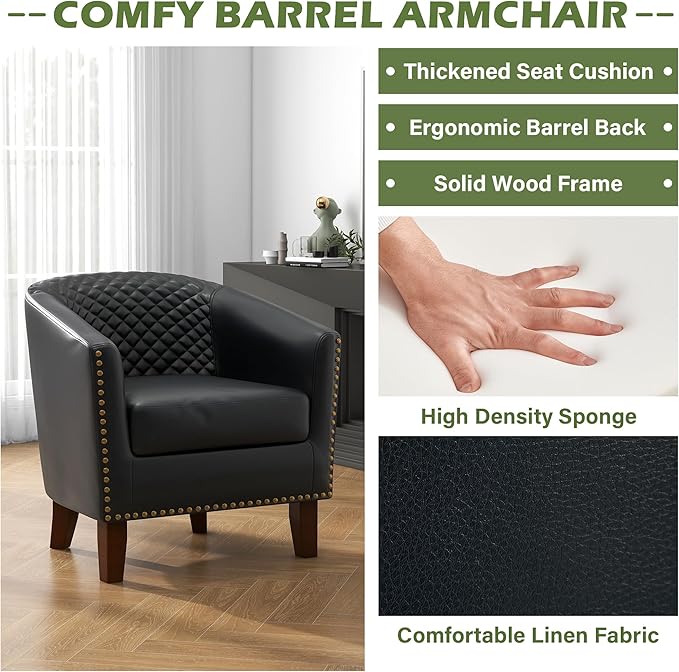 UIXE Faux Leather Barrel Accent Chairs Set of 2, Modern Club Upholstered Arm Chair, Comfy Armchair Nailed Trim Living Room Single Sofa Reading Seat Bedroom Side Sitting for Office, Black