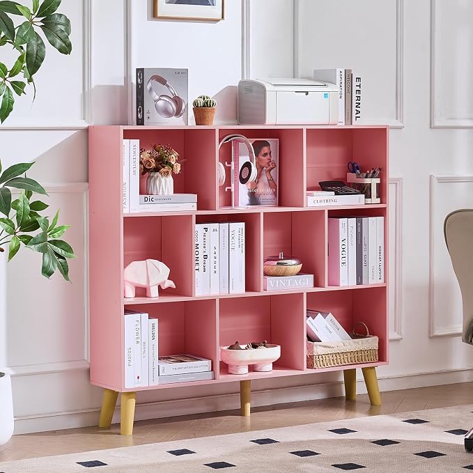 LEYAOYAO 10 Cube Bookshelf,3 Tier Modern Wide Bookcase with Legs,Mid-Century Wood Bookshelves Storage，Light Pink Large Book Case,Freestanding Organizer Display Shelf for Bedroom,Living Room,Office