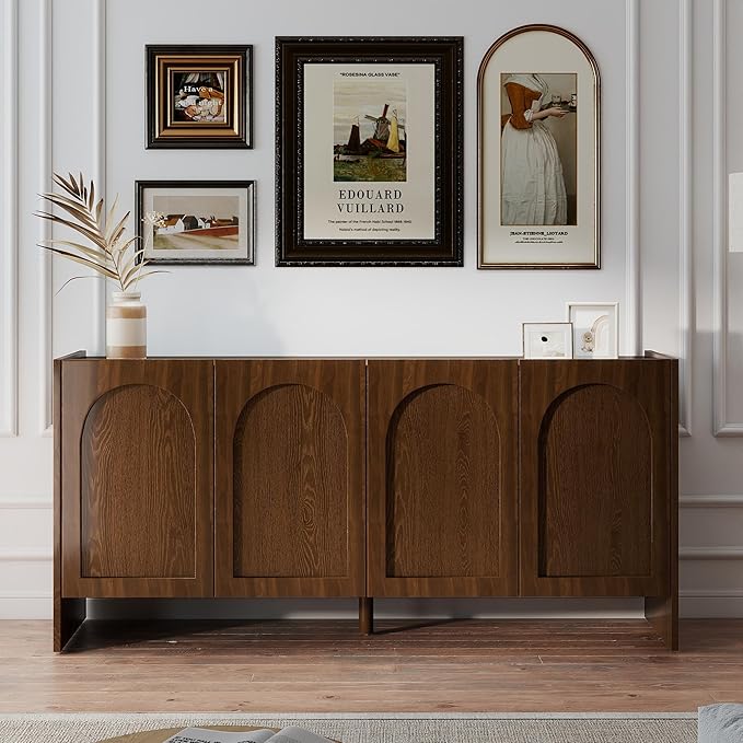 63" Sideboard Buffet Cabinet with Storage, 4 Door Solid Wood Veneer Sideboard Modern Arched Accent Cabinet with Adjustable Shelves, Large Credenza for Living Room,Kitchen,Entryway(Walnut)