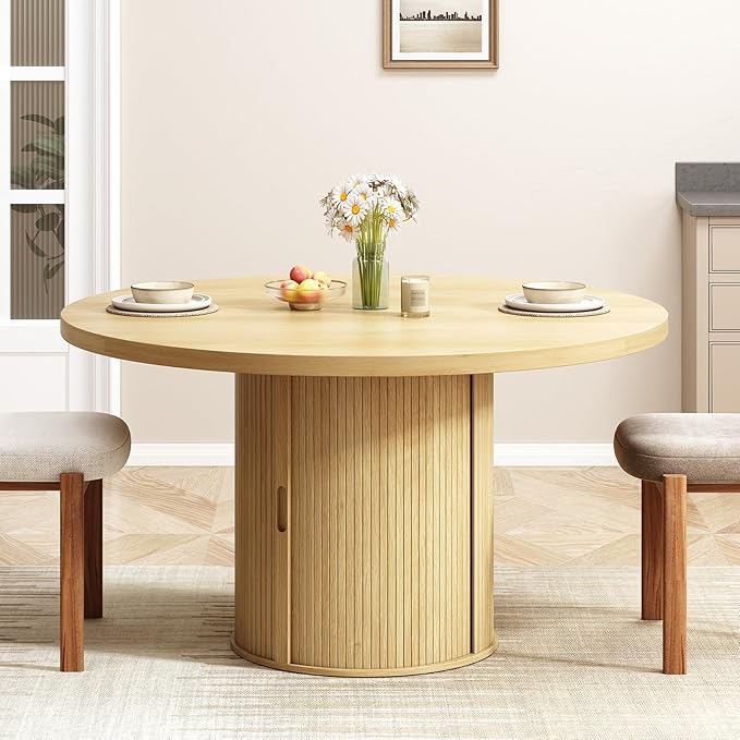 47 inch Round Dining Table for 4, Circle Kitchen Table with 2-Layer Storage Shelf and a Drawer, Modern Farmhouse Dinner Tables with Sliding Door and Wood Strip Base for Kitchen, Living Room (Oak)