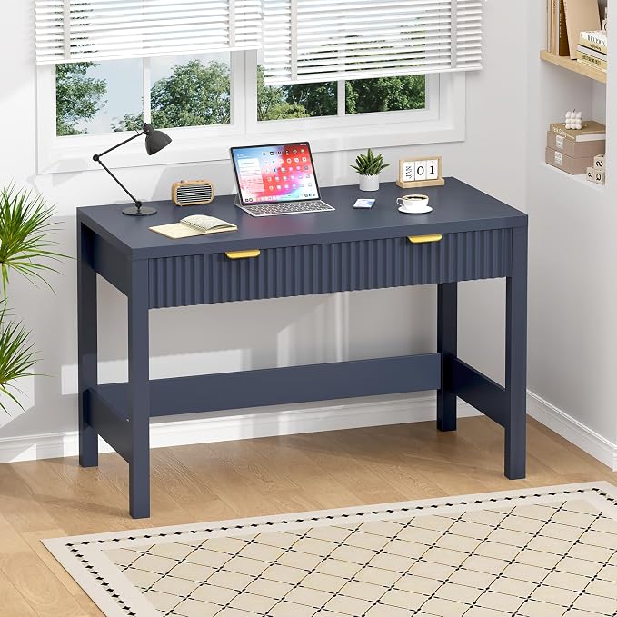 YOMILUVE Fluted Computer Desk with 2 Drawers, 39 Inch Small Computer Desk with Storage, Compact Writing Study Desk for Small Spaces, Blue