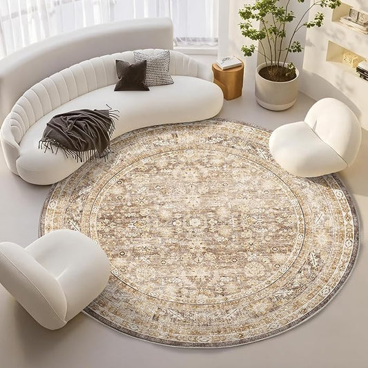 OPPODREAM Vintage Beige Round Rug 6ft, 6 ft Retro Washable Circle Rug Non Slip, Low-Pile Faux Wool Circular Carpet, Distressed Tan Floor Mat for Living Room, Bedroom, Office, Dorm, Dinning Room