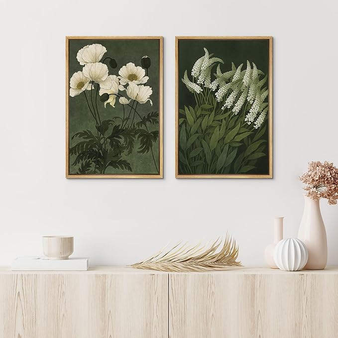 IDEA4WALL Framed Canvas Print Wall Art Set White Bloom Botanical Elegant Green and Cream Floral Illustrations Modern Art Decorative Calm/Zen for Living Room, Bedroom, Office - 16"x24"x2 Natural