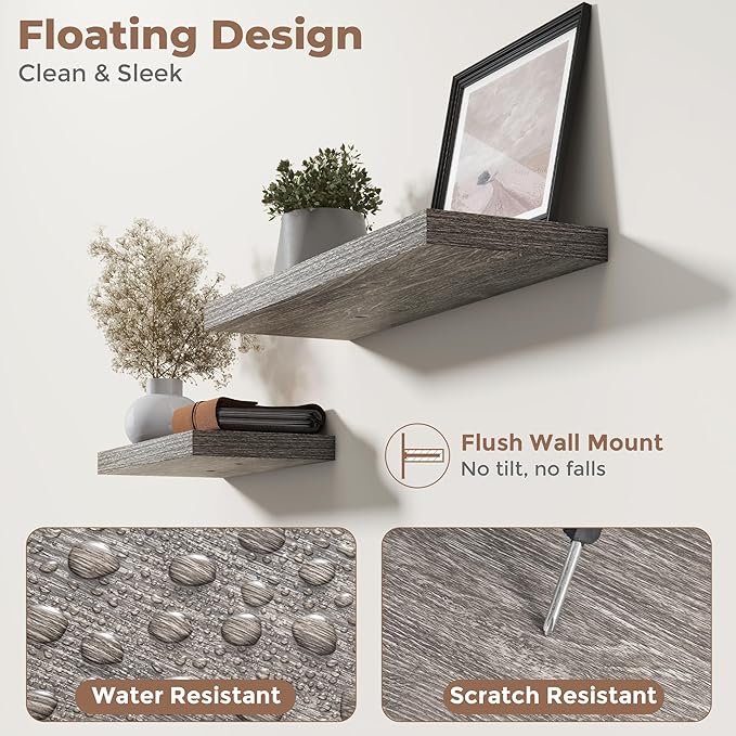 24 Inch Floating Shelves for Wall Set of 2, 8"D Wood Grain Bathroom Shelves with Invisible Brackets, Easy Install Engineered Wood Storage Shelves for Kitchen, Living Room, Bedroom, Grey Oak Finish