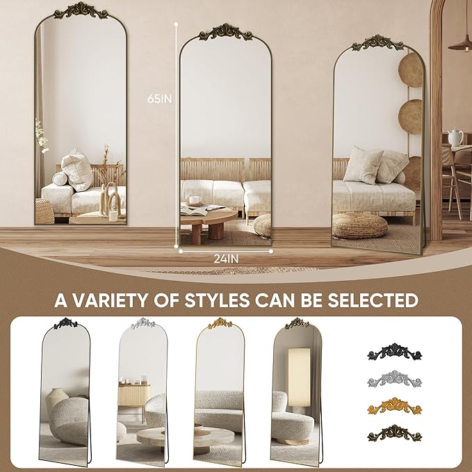 Antok Arched Full Length Mirror, 65"x22" Floor Mirror with Carved, Full Body Mirrors for HomeDecor, Standing/Halling Large Wall Mirror for Bedroom, Living Room, Cloakroom, Bronze, Retro Style