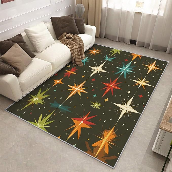 Atomic Rugs for Bedroom 5x8 ft, Abstract Starburst Area Rugs for Living Room, Washable Non Slip Low Pile Mid Century Modern Carpet, Home Decor PF-P 107