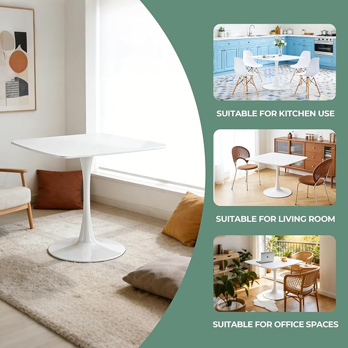 42 Inch White Square Dining Table, Mid Century Tulip Table for 4-6 People Modern Kitchen Dining Table with MDF Tabletop and Metal Pedestal Base