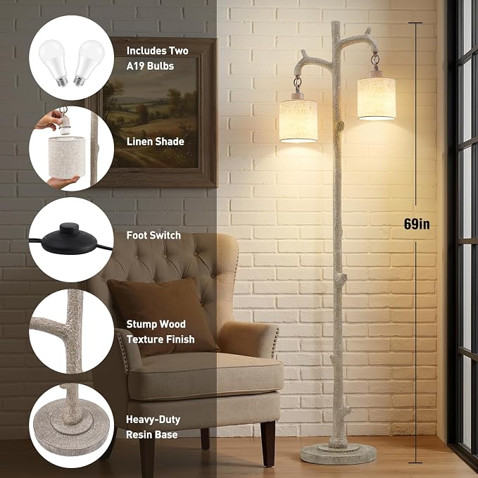EJIAXIN Floor Lamp for Living Room - 69" Rustic Tree Trunk Standing Lamps - Country Resin Tall Lamp with 2 Reading Light - Farmhouse Floor Lamp for Bedroom Office Home Decor (Grayish White)