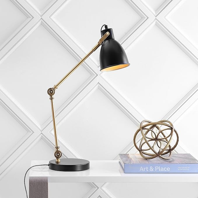 JONATHAN Y JYL6003A 24" Modern Metal Task Lamp, Adjustable Desk Lamp in Black and Brass Gold for Home Office, Reading, Contemporary Bedside Nightstand Lamp for Bedroom, Metal Shade, LED Bulb Included
