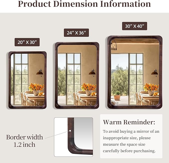 Tanmicoshomy Wood Bathroom Mirrors for Wall 30 x 40 Inch, Large Mirrors with Tempered Glass for Living Room Bedroom Office or Entryway(Dark Brown)