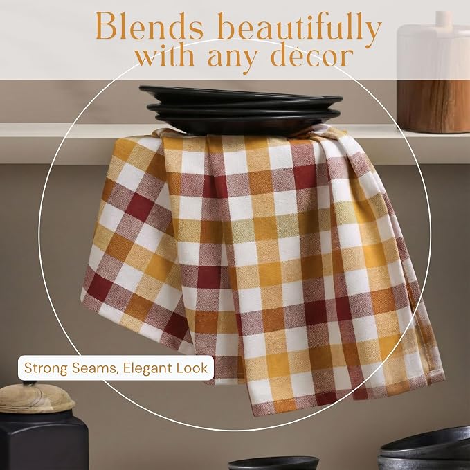 Multicolor Check Kitchen Towels 12 Pack, 100% Cotton Tea Towels, 18"x26" Quick Dry Dish Cloths for Drying Dishes, Reusable, Absorbent - Burgundy Wine, Brown, Mustard Yellow, Natural