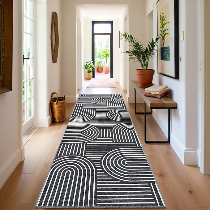 Modern Rug 2x6 Runners for Hallways, Abstract Kitchen Runner Rugs Non Slip Bath Runner, Rainbow Washable Runner Rug for Bedroom, Soft Long Rugs for Entryway Bathroom Laundry Dorm, Black