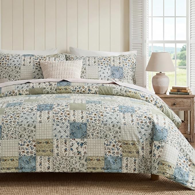 Blue Floral Duvet Cover Set Twin Size 100% Cotton Botanical Patchwork Vintage Bedding Quilt Cover All Season 2 Pieces Soft Lightweight Comforter Cover